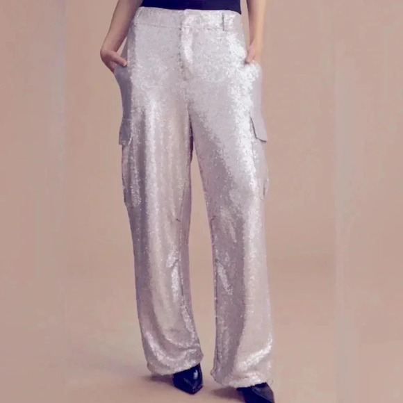 NWT Anthropologie Purple Silver Sequin Cargo Pull on Trouser Party Pants Size 2 - Picture 3 of 11